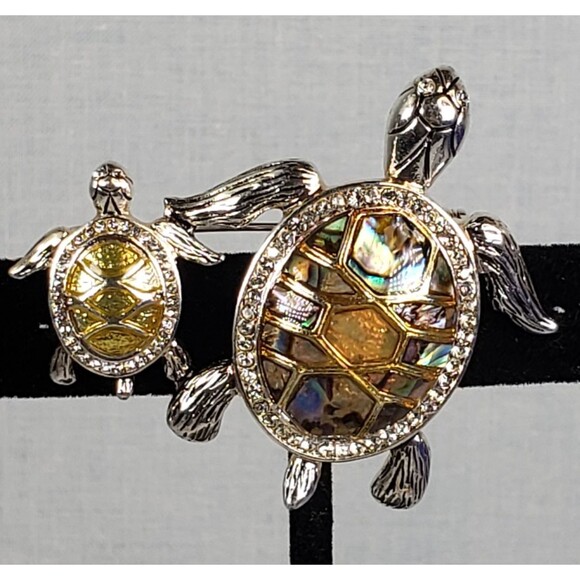Vintage Signed Napier Turtle With Baby Abalone Shell & Rhinestone Accents Brooch - Picture 5 of 14